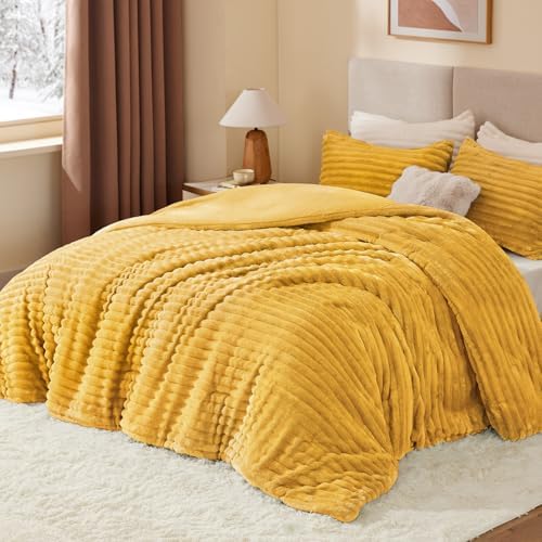BEDELITE Fleece Twin/Twin XL Comforter Set, Fluffy Bed Set, Mustard