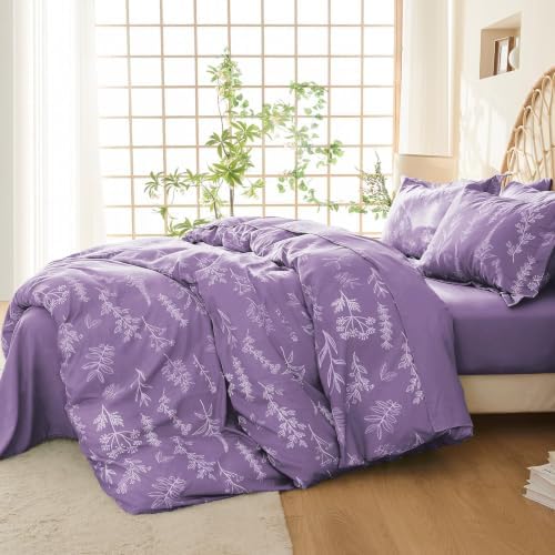 MUXHOMO Duvet Cover Twin/Twin XL Size Set, Reversible Floral Grayish Purple Duvet Cover with Zipper Closure, 2 Pieces Botanical Patterns Soft Bedding Set with 4 Ties (68"x90", 1 Pillow Case)