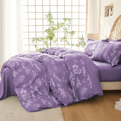 MUXHOMO Duvet Cover Twin/Twin XL Size Set, Reversible Floral Grayish Purple Duvet Cover with Zipper Closure, 2 Pieces Botanical Patterns Soft Bedding Set with 4 Ties (68"x90", 1 Pillow Case)