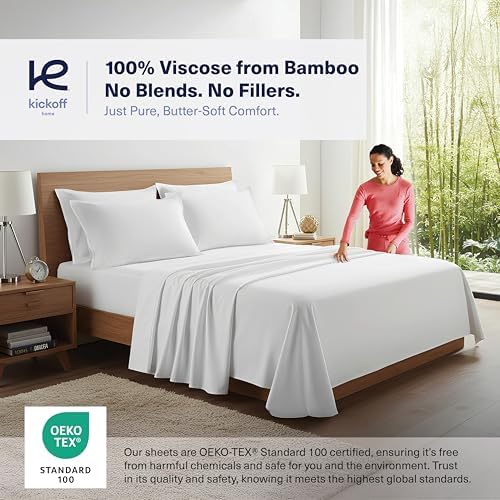 Kickoff Viscose Bamboo Sheets Twin Size 3-pc 100% Organic Bamboo Viscose Bed Cooling Sheets Twin Size Set Cool Bedding for hot Sleepers Sheet Set - Gift Ready Packaging (Snow White, T)