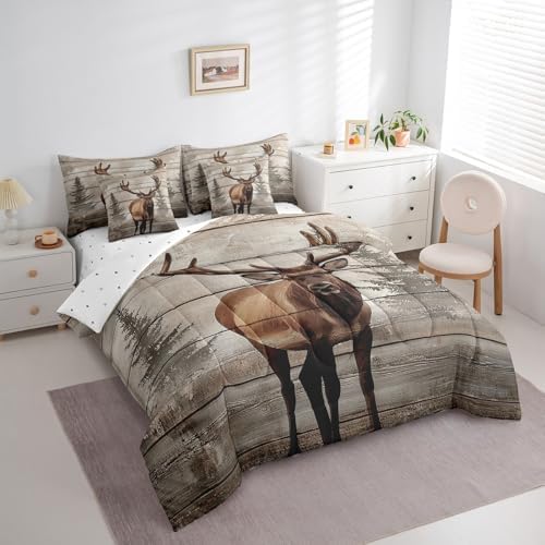 Erosebridal 7 Pcs Moose Bedding Set Queen Western Cabin Lodge Comforter Set Country Woodland Wildlife Bed in a Bag Farmhouse Jungle Pine Tree Quilt with Flat Fitted Sheet Rustic Style Home Decor