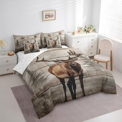 Erosebridal 7 Pcs Moose Bedding Set Queen Western Cabin Lodge Comforter Set Country Woodland Wildlife Bed in a Bag Farmhouse Jungle Pine Tree Quilt with Flat Fitted Sheet Rustic Style Home Decor