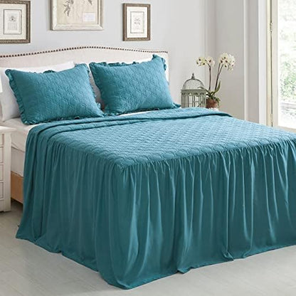 CHIXIN Ruffle Skirt Bedspread - 30" Long Drop, Shabby Chic Style Bedding, Lightweight, 3 Piece Set, Full Size, Lagoon