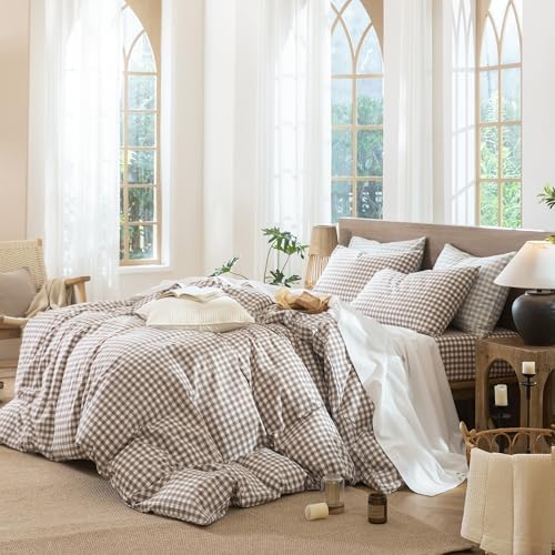 MooMee Gingham Duvet Cover Set 100% Washed Cotton Linen Like