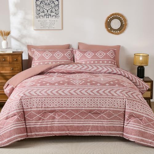 Yiran Boho Comforter Set King Size, 7 Pieces Aztec Blush Bed in a Bag