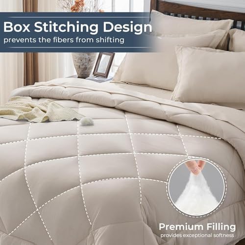 HEVUMYI 7-Piece Oversized King Comforter Set, Beige Bed in a Bag