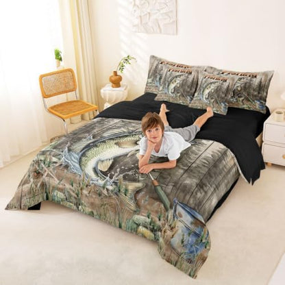 Erosebridal Pike Fish Queen Comforter Set with Sheets 7 Piece Hunting and Fishing Bed in A Bag Vintage Rustic Animal Bedding Sets for Kids Adults Country Wildlife Bed Set
