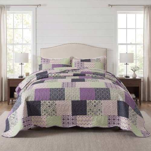 HoneiLife Quilt Sets King Size - Microfiber Quilts 3-Pieces, Lightweight Bedspreads for King Bed Use, Checkered Coverlets Vintage Bed Cover King Quilt Bedding Set All Season Quilts