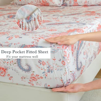 FADFAY Premium Cotton Percale Full Sheet Set, Vintage Pink Paisley Floral