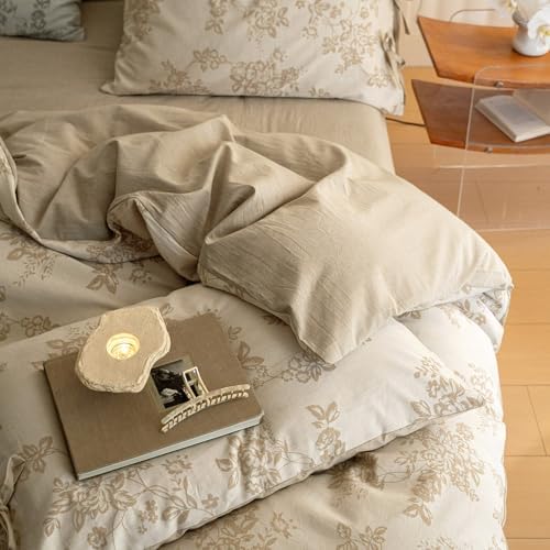 VM VOUGEMARKET Linen Cotton Duvet Cover Set King Retro Monet Flower Fall Bedding Set,Jacquard Yarn-Dyed Textured Comforter Cover with Bowknot-104 x90,Khaki