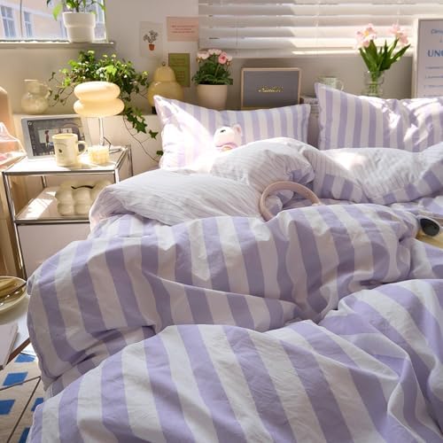 Striped Comforter Set Twin XL, Vintage Purple White Stripes Pattern Printed Bedding Set, Lightweight Soft Striped Bed Comforter with 2 Pillowcases, Farmhouse 3 Piece Comforter Set for All Season