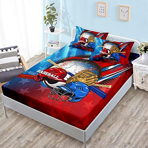 HOSIMA Boys Teens Baseball Bedding Set Queen,1 Fitted Sheet+2 Pillowcases.