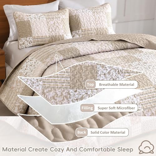 Mybedsoul Beige Boho Quilt Set Full Size, Patchwork Quilt Bedding Set