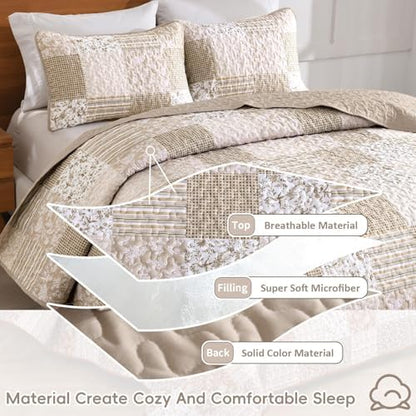 Mybedsoul Beige Boho Quilt Set Full Size, Patchwork Quilt Bedding Set