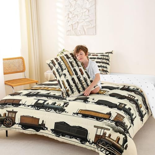 Erosebridal Vintage Steam Train Kids Comforter Sets Travel Locomotive Train King Bedding Set for Boys Girls Transport Vehicle Comforter Set Steampunk Railway Quilt Duvet 3 Pcs Beige