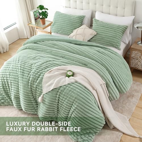 Smoofy Fluffy Queen Size Comforter 3 PCS - Sage Green Fleece Bedding Set