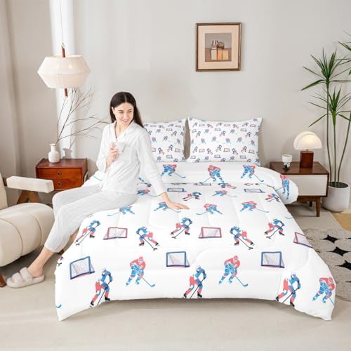 Hockey Players Kids Bedding Set King Size, Comforter Set,Winter Sports Games Quilt Comforter,White Blue Bedroom Duvet Insert,2 Pillowcases