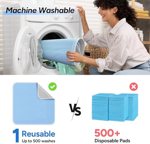 WhyWorry Washable Bed Pads for Adult Incontinence, 34"x36", Blue, 4 Count