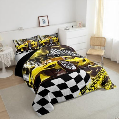 Toddler Race Car Bed for Boys,Yellow Neon Lights Honeycomb Bedding Set Cool Sports Car Glitter Beehive Geometric Hexagon Queen Comforter Set,Black White Grid Lattice Quilt Buffalo Plaid Decor