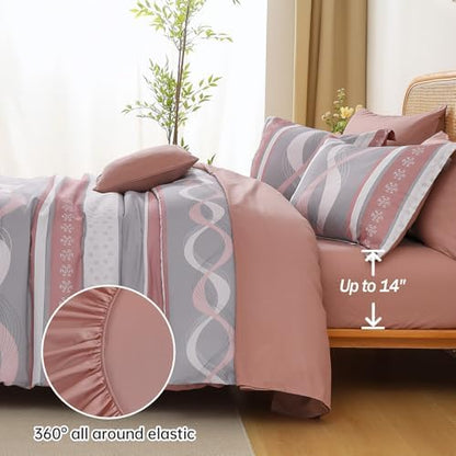 Anibedding Pink Comforter Set King Size,8 Pieces Striped Bed in a Bag