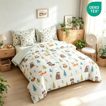 Erosebridal Woodland Animals 7 Piece Comforter Set Full for Nursery Child Bedroom | Cute Fox Bear Raccoon Bedding Set Wildlife Sheet Set Kids Cartoon Wild Animals Duvet Insert Botanical Trees Quilt
