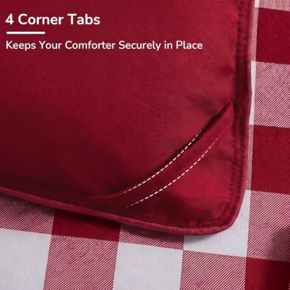 downluxe Lightweight Plaid Comforter Set (King) with 2 Pillow Shams - 3-Piece Set - Red/White Plaid - Down Alternative Reversible Comforter