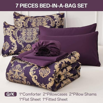 WONGS BEDDING Purple Comforter Set Queen Size,Damask Texture 7 Pieces Bed in a Bag Microfiber Comforter Bedding Sets -1 Comforter, 1 Flat Sheet, 1 Fitted Sheet, 2 Pillow Shams, 2 Pillowcases