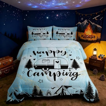 Manfei Happy Camping Camper Kids Comforter Set Queen Size,Star Pine Tree Mountain Bedding Set,Girls Boys Room Decor,Rustic Farmhouse Cabin Quilt Comforter,Blue Country Duvet Insert,2 Pillowcases