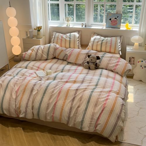 mixinni Vintage Striped Duvet Cover Set Queen, 3-Piece 100% Washed Cotton Bedding Set - Soft & Breathable Colorful Comforter Cover with Zipper, All-Season Lightweight Bed Set for Cozy Home