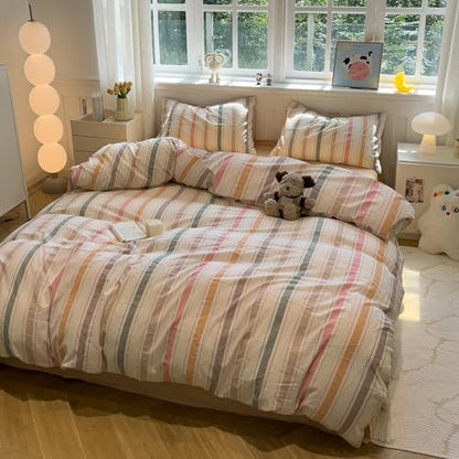 mixinni Vintage Striped Duvet Cover Set Queen, 3-Piece 100% Washed Cotton Bedding Set - Soft & Breathable Colorful Comforter Cover with Zipper, All-Season Lightweight Bed Set for Cozy Home