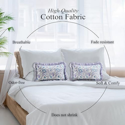 CPC Block Print Indigo Blue Ruffle Cotton Lumbar Pillow Cover 12x20 inch