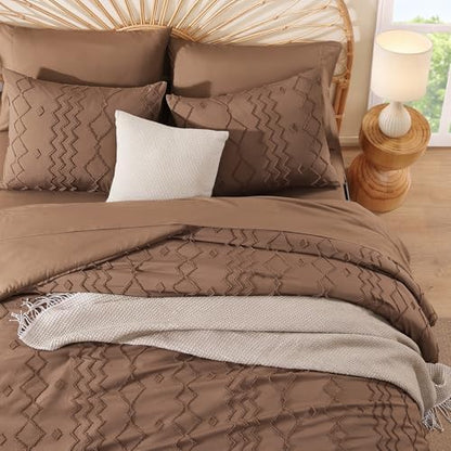 Queen Comforter Set Brown Tufted Boho Geometric Bedding Sets 7 Pieces