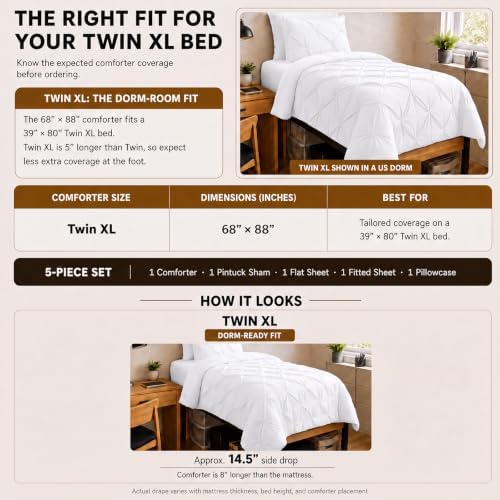 HIMEET Twin XL Comforter Set White - 5 Pieces Pintuck Bed in a Bag