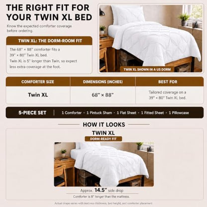 HIMEET Twin XL Comforter Set White - 5 Pieces Pintuck Bed in a Bag