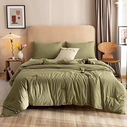 ROSGONIA Queen Comforter Set Olive Green, 3pcs Bedding Sets Queen (1 Boho Olive Comforter & 2 Pillowcases), All Season Lightweight Blanket Quilt (Pack of 2)