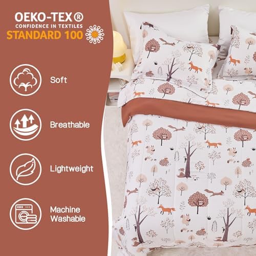 Yibeizi Kids Comforter Set for Boys Girls Full Size, Cute Quilted Woodland Forest Animal Print Fall Bedding with Pillow Sham, Lightweight Soft Breathable Machine Camping Themed Bed Set 3 Piece