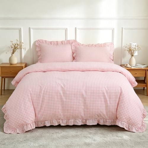 Nayoroom Pink Ruffle Gingham Comforter Set Queen Plaid Checkered Bedding