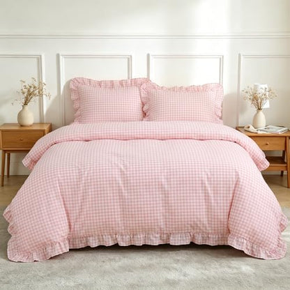 Nayoroom Pink Ruffle Gingham Comforter Set Queen Plaid Checkered Bedding