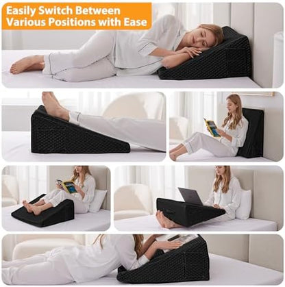 Ruqmuis Wedge Pillow for Acid Reflux, Bed Wedge Pillow for Headboard 10", Pillow Wedge for Back Pain Relief, Post Surgery, Elevated Pillows for Sleeping, Snoring, Triangle Pillow with Cover, Black