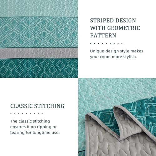Cottolester Teal Quilt Set,Boho Bedspread Queen Size,Blue Sriped Plaid Bedding Set Soft Microfiber Quilt with 2 Pillow Shams 96"x90"