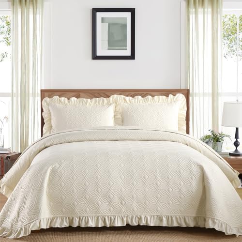 DJY Queen Size Quilt Sets, Beige Soft Bed Summer Quilt, Ruffled Bedding Set