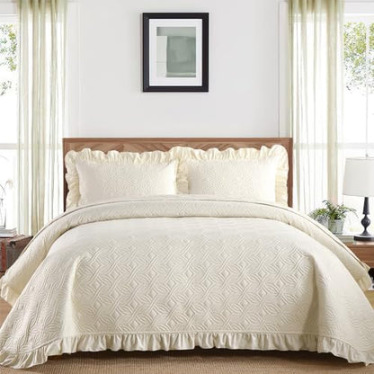 DJY Queen Size Quilt Sets, Beige Soft Bed Summer Quilt, Ruffled Bedding Set