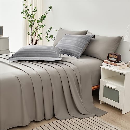 KAKIJUMN Striped Comforter Set Queen Size, 7 Piece Bed in a Bag, Light Grey