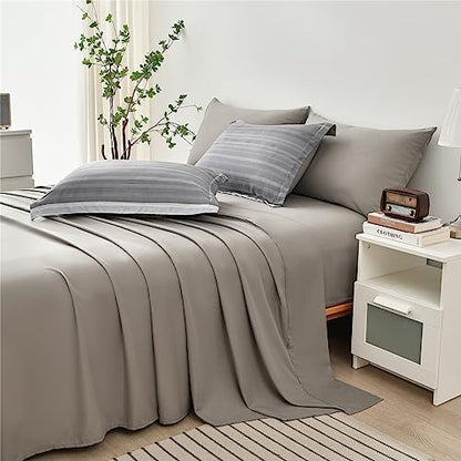 KAKIJUMN Striped Comforter Set Queen Size, 7 Piece Bed in a Bag, Light Grey