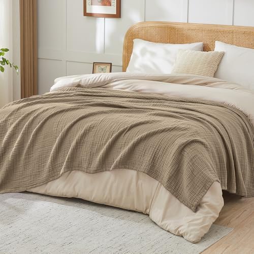 EMME Muslin Blankets for Adults Throw Blanket for Couch Breathable Gauze Soft Lightweight Airy Tan Throw 50" x 60"