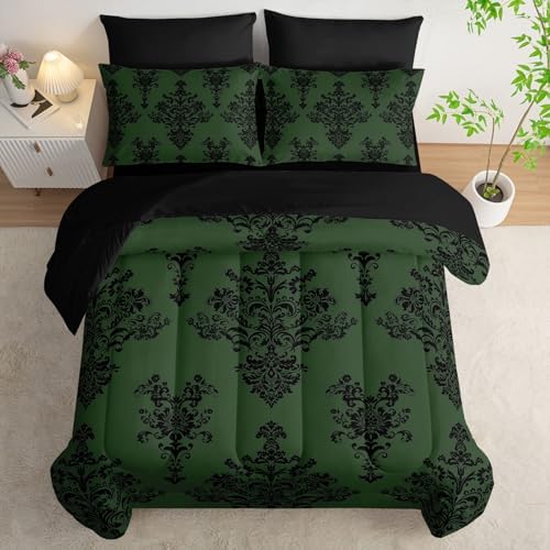 7Pcs Comforter Set Black Retro Pattern Printed Bedding Set with 1 Comforter,1 Flat Sheet,1 Fitted Sheet and 4 Pillowcases for Men and Women Bedroom All Season(Twin)