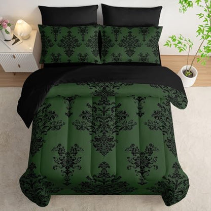 7Pcs Comforter Set Black Retro Pattern Printed Bedding Set with 1 Comforter,1 Flat Sheet,1 Fitted Sheet and 4 Pillowcases for Men and Women Bedroom All Season(Twin)