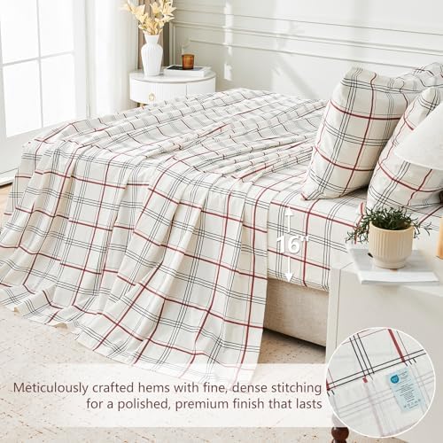 MEISHANG 100% French Pure Linen Sheets King Size - Bed Sheets 4 Piece Sets, Soft Durable Flax Linen, Anti-Tear Breathable Moisture Wicking with 16" Deep Pocket (Red Plaid)