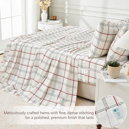 MEISHANG 100% French Pure Linen Sheets King Size - Bed Sheets 4 Piece Sets, Soft Durable Flax Linen, Anti-Tear Breathable Moisture Wicking with 16" Deep Pocket (Red Plaid)