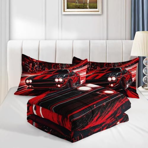 AILONEN Twin Comforter Set 3 Piece, Red Muscle Car Neon City Graphic, Brushed Microfiber Down Alternative Bedding with 2 Pillowcases for Dorm Decor
